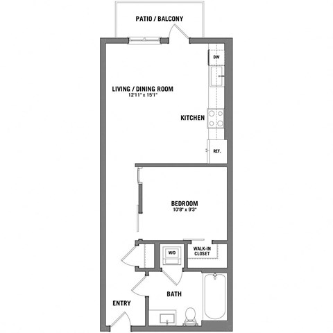 Floor plan for 1 bed, 1 bath, 590 sqft